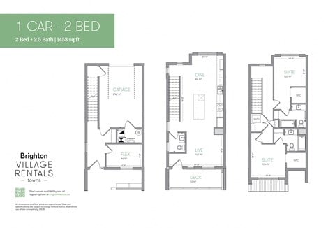 Floor plan for 2 beds, 3 baths, 1453 sqft